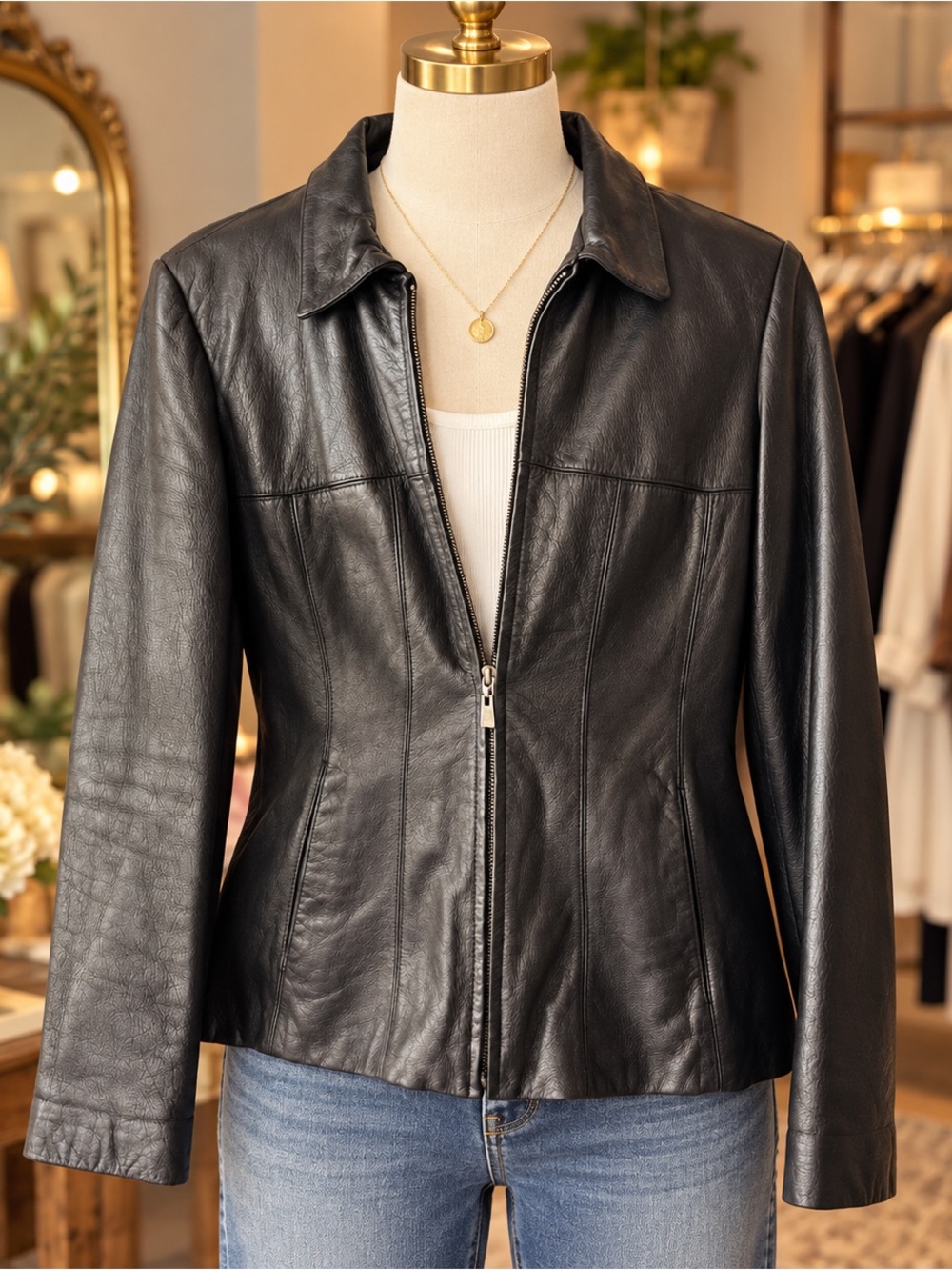 Vtg Wilsons Genuine Leather Moto Jacket Womens M Black 3M Zip Liner Biker Y2K